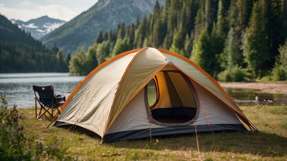 Yellow camping tent set up on grassy shore by a mountain lake
