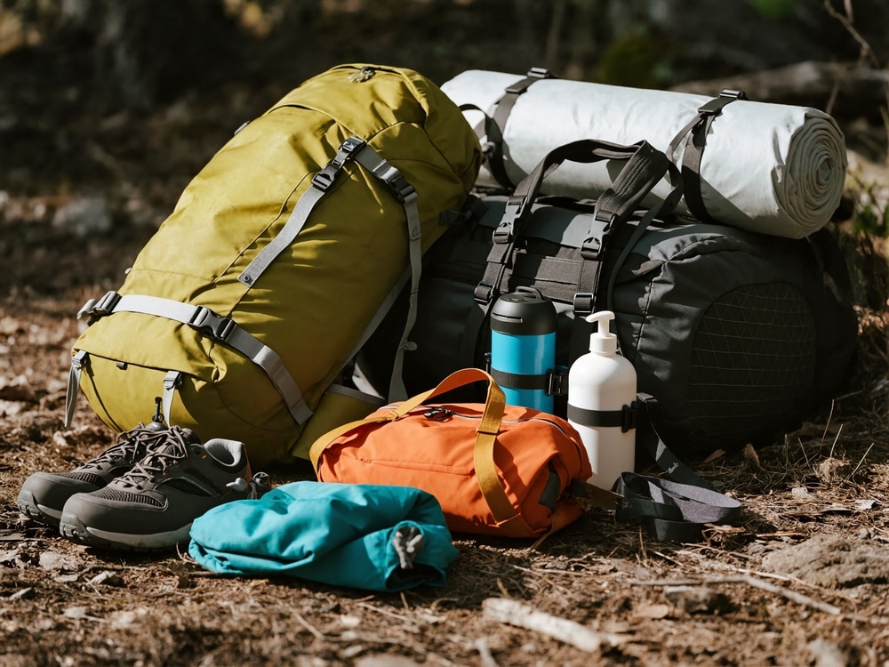 Camping gear including backpacks, a sleeping mat, and hiking shoes on the forest floor